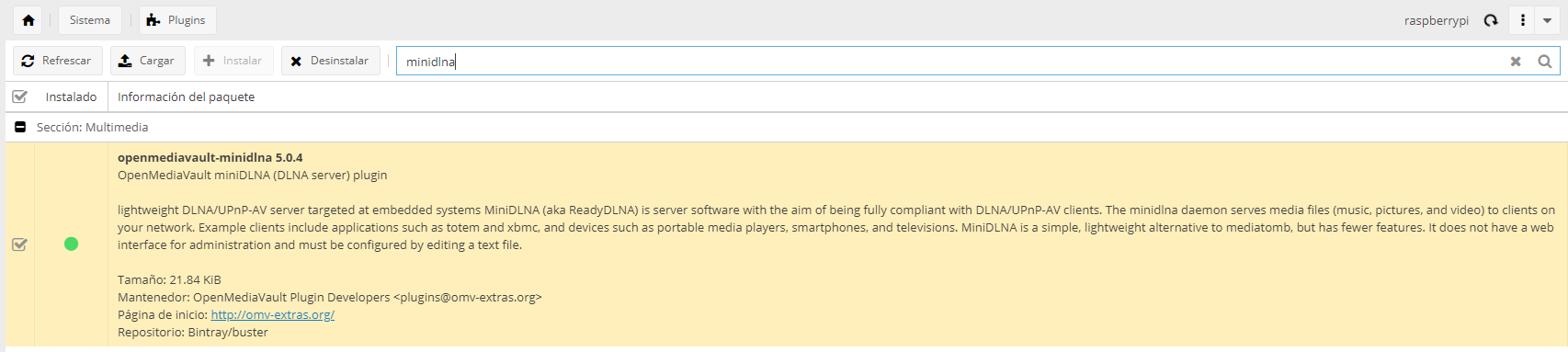 Instalación del plugin MiniDLNA